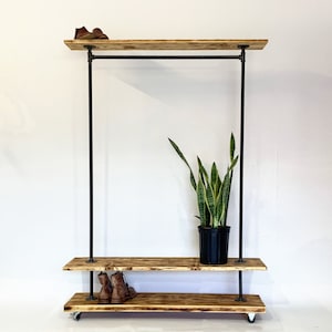 Industrial Garment Clothing Rack with Top and Bottom Rustic Shelves,  Clothing and shoe storage. Loft shoe and coat storage, Plant Storage