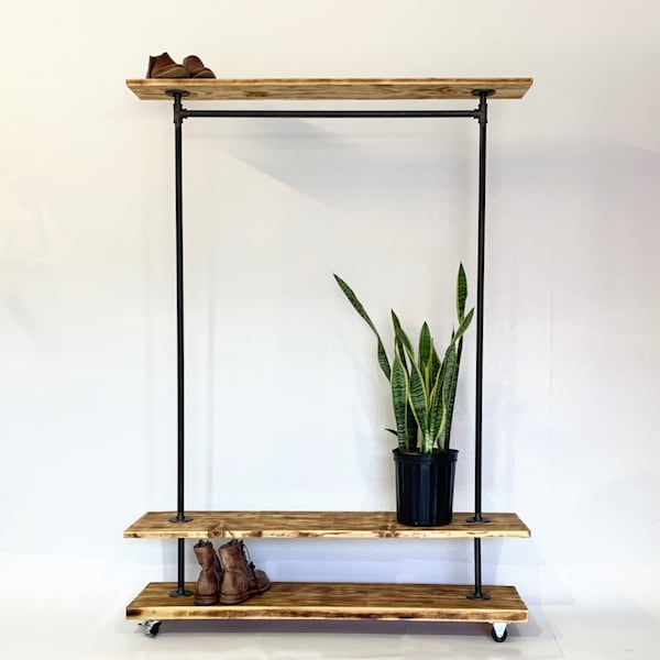 Industrial Garment Clothing Rack with Top and Bottom Rustic Shelves,  Clothing and shoe storage. Loft shoe and coat storage, Plant Storage