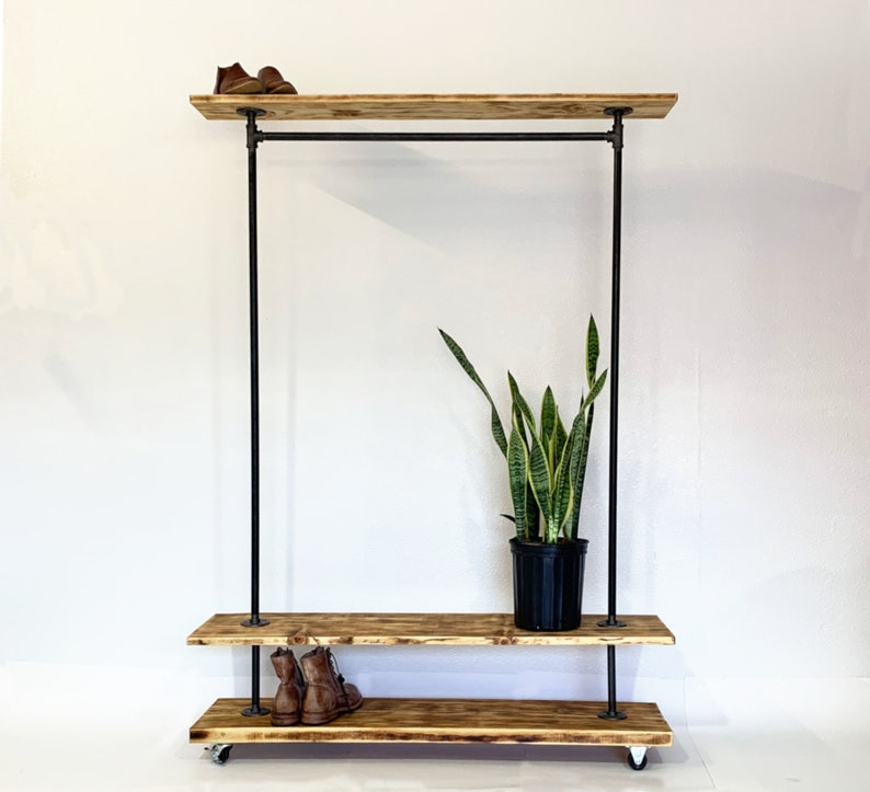 Industrial Garment Clothing Rack with Top and Bottom Rustic Shelves, Clothing and shoe storage. Loft shoe and coat storage, Plant Storage image 1