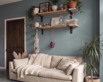 Set of Two Rustic Pine Shelves with Black L Brackets, Living Room Study Decor