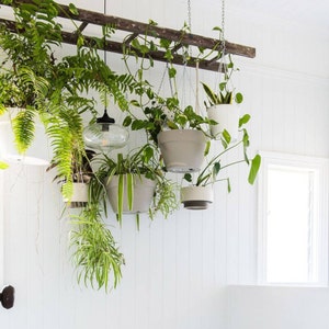 Bathroom Farmhouse Ladder Pot Rack, Rustic Pot and Pan Holder, Wood stained Plant storage, Ceiling Rustic Pot rack. Kitchen Pot Rack