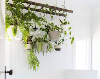 Bathroom Farmhouse Ladder Pot Rack, Rustic Pot and Pan Holder, Wood stained Plant storage, Ceiling Rustic Pot rack. Kitchen Pot Rack