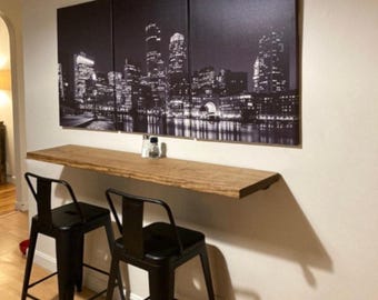 Solid Rustic Wood Floating Desk: Heavy Duty Narrow Wall Mounted Eating Table. LP Brackets