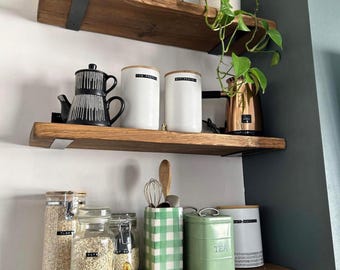 Solid Pine Wood Floating Shelf: Sturdy Iron L OR J Shaped Brackets