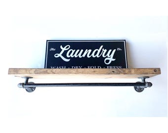 Rustic Laundry Room Shelf with Garment Rack: Farmhouse Wash Room Organizer