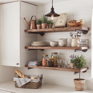 Rustic Laundry Floating Shelf, Wood and Pipe, Modern Farmhouse Decor