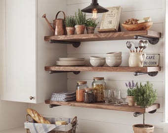 Rustic Laundry Floating Shelf, Wood and Pipe, Modern Farmhouse Decor