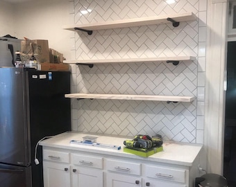 Rustic Wood Floating Shelf with Pipe Brackets, White Wash Shelf