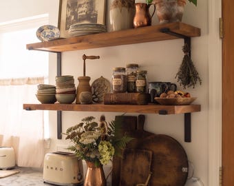 Living Room Decor, A Rustic Floating Shelf with Black L Brackets