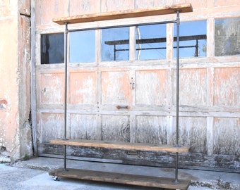 Industrial Garment Rack with Rustic Shelves: Rolling Farmhouse Clothing Storage