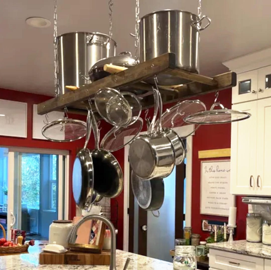 Farmhouse Kitchen Island Pot Rack Ladder - Walnut Stained Wooden Rack ...
