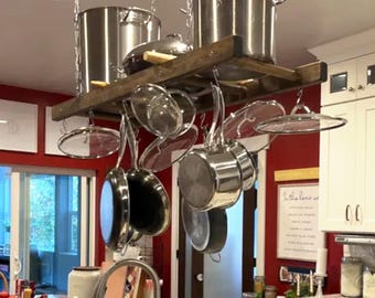 Farmhouse Kitchen Island Pot Rack Ladder - Walnut Stained Wooden Rack