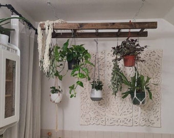 Farmhouse Ladder Pot Rack, Oversized Plant Storage Ladder, Wood stained Pot and Pan storage, Kitchen Island Ceiling Rustic Pot rack