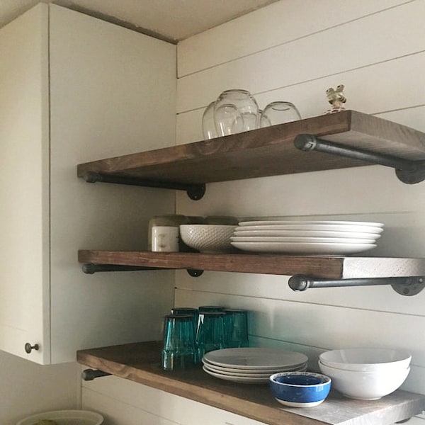 Long Rustic Floating Shelf Industrial Floating Shelf Farmhouse Pipe Shelf Kitchen Shelf Living Room Bathroom Shelf Wood Wall Shelving