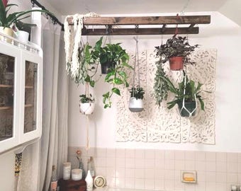 Walnut Stained Farmhouse Ladder Pot Rack: Kitchen Island Plant Storage