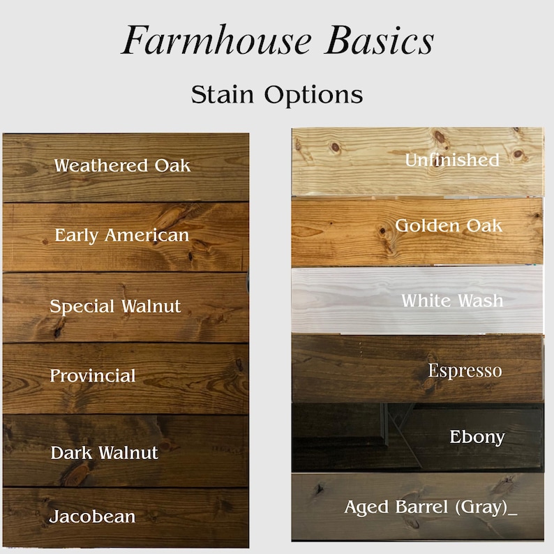 Puede incluir: Imagen que muestra opciones de tinte para madera etiquetadas como "Farmhouse Basics". La imagen muestra varios colores de tinte para madera, incluyendo Weathered Oak, Early American, Special Walnut, Provincial, Dark Walnut, Jacobean, Unfinished, Golden Oak, White Wash, Espresso, Ebony y Aged Barrel (Gray).