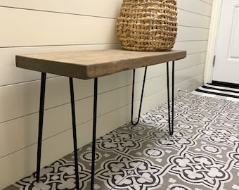 Rustic Organic Entry Bench: Solid Pine, 24" Hairpin Legs, Weathered Oak