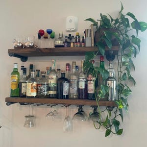 Rustic Wood Floating Shelf, Farmhouse Liquor Bottle Rack, Sturdy Pipe Brackets