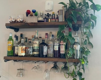 Rustic Wood Floating Shelf, Farmhouse Liquor Bottle Rack, Sturdy Pipe Brackets