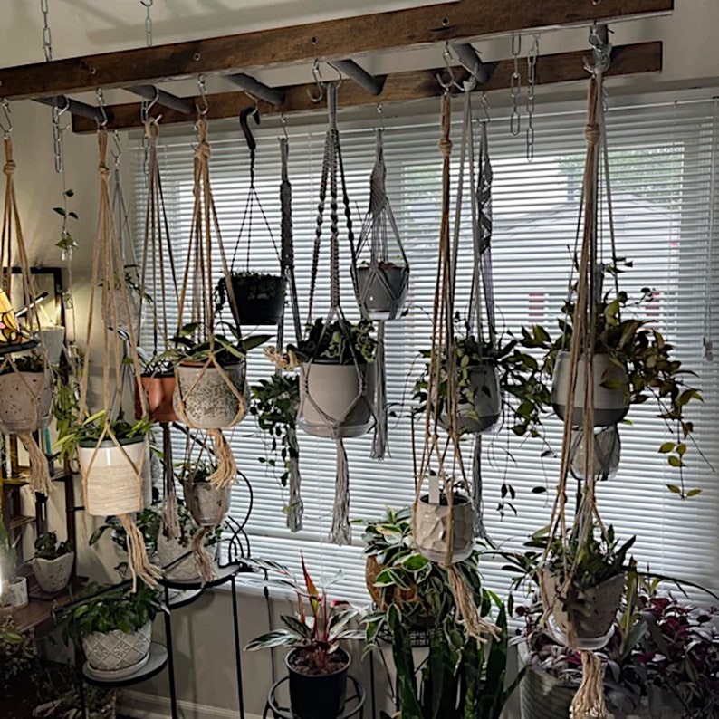 Bathroom Farmhouse Ladder Pot Rack, Rustic Pot and Pan Holder, Wood stained Plant storage, Ceiling Rustic Pot rack. Kitchen Pot Rack image 3