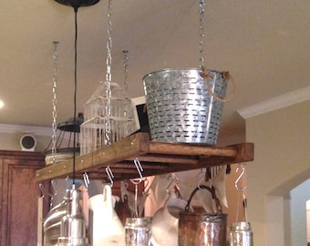 Kitchen Island Farmhouse Ladder Pot Rack, Oversized Pot and Pan Holder, Wood stained Pot and Pan storage, Ceiling Rustic Pot rack