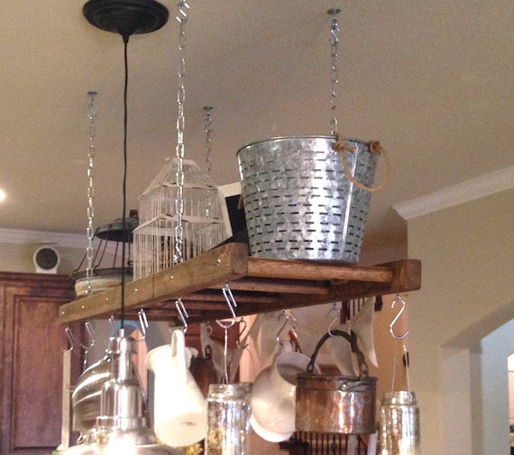 Kitchen Island Farmhouse Ladder Pot Rack, Oversized Pot and Pan Holder,  Wood Stained Pot and Pan Storage, Ceiling Rustic Pot Rack 