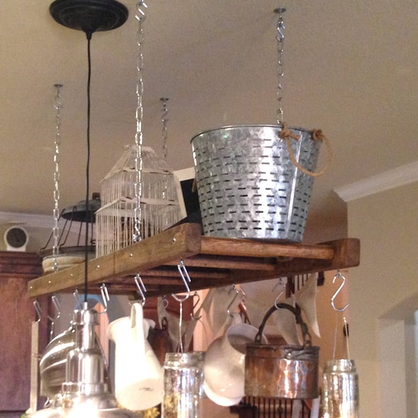 Kitchen Island Farmhouse Ladder Pot Rack, Oversized Pot and Pan Holder, Wood stained Pot and Pan storage, Ceiling Rustic Pot rack