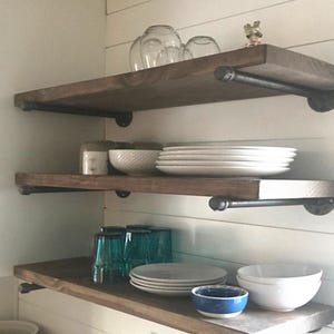 Rustic Floating Whiskey Pipe Bracket Shelf: Farmhouse Wood Wall Shelving