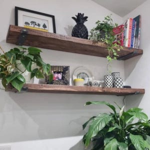 Rustic Wood Floating Shelf: Heavy-Duty Steel J Brackets, Farmhouse Style