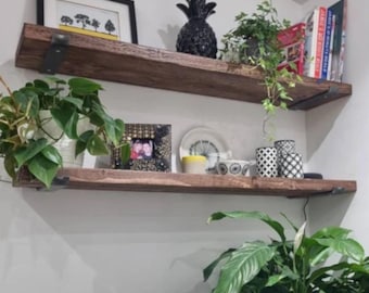 Rustic Wood Floating Shelf: Heavy-Duty Steel J Brackets, Farmhouse Style