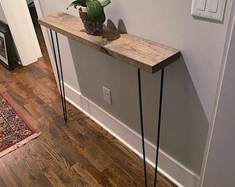 Rustic Narrow Console Table: Solid Pine Wood with 34" Hairpin Legs
