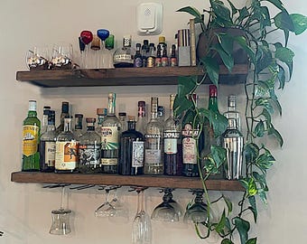 Rustic Floating Kitchen Shelf: Solid Wood Wall Shelving with Low Profile Brackets