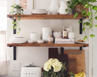 Living Room Decor, A Rustic Floating Shelf with Black L Brackets