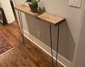 Rustic Narrow Entryway Table: Solid Pine Wood Console with 28" Hairpin Legs
