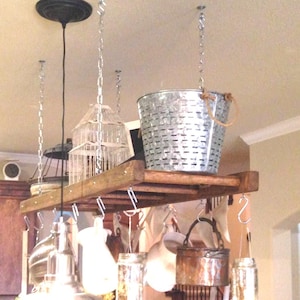 Kitchen Island Farmhouse Ladder Pot Rack, Oversized Pot and Pan Holder, Wood stained Pot and Pan storage, Ceiling Rustic Pot rack