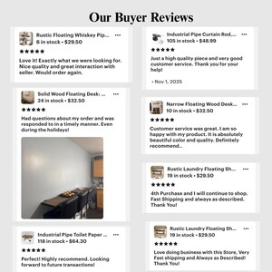 May include: A digital display titled Our Buyer Reviews featuring multiple customer feedback cards for various home decor items including floating desks, pipe curtain rods, and shelves, each showing five-star ratings and written testimonials.