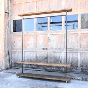 Industrial Garment Rack with Rustic Shelves: Rolling Farmhouse Clothing Storage