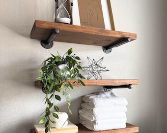 Rustic Floating Shelf: Pipe Bracket Farmhouse Decor, Kitchen & Bathroom Storage