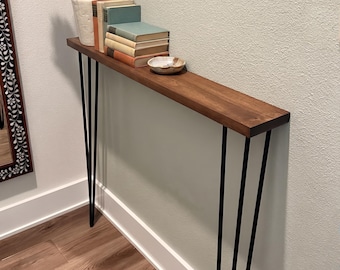 Rustic Narrow Entryway Table: Solid Pine Wood Console with 28" Hairpin Legs