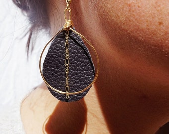 Leather and Gold chain Earrings