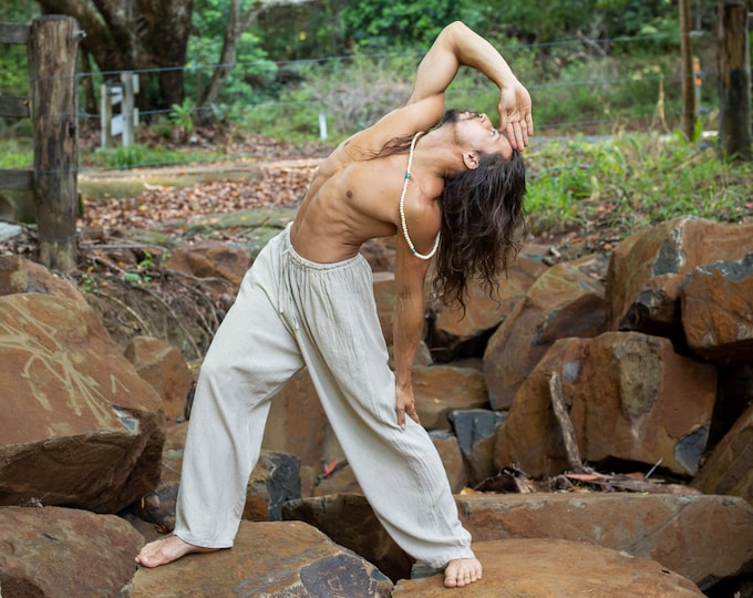 YUGI Beige Mens Cotton Yoga Pants Natural Plant Dyed Pockets Yogi Breathable Gym Straight Trousers Flexible Drawstring Festival Rave AJJAYA