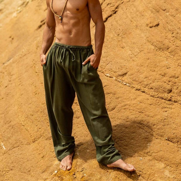 YUGI Green Sage Mens Cotton Yoga Pants Natural Plant Dyed Pockets Yogi Breathable Gym Straight Trousers Flexible Drawstring Festival AJJAYA