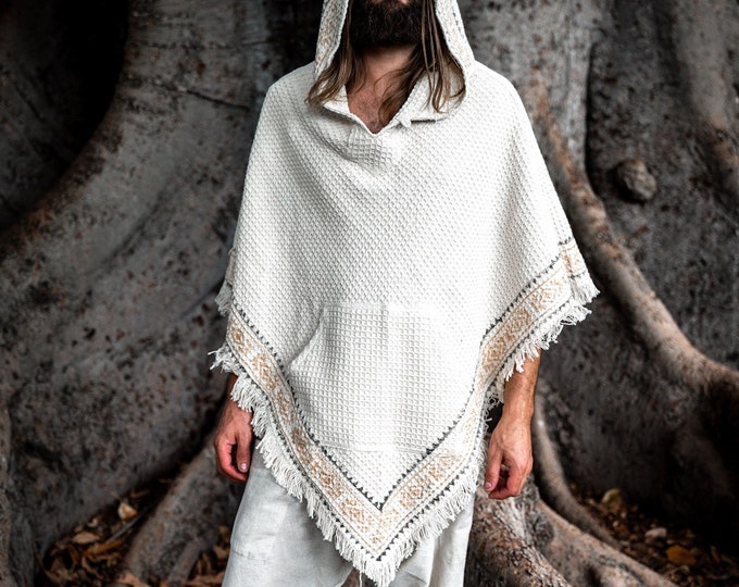 VECHO Beige Mens Hooded Vegan Poncho Textured Cotton with Hood Block Printed Tribal Pattern Gypsy Festival Boho ceremony ritual AJJAYA