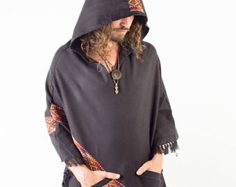 Poncho Homme Noir Nuit Grande Capuche Yak Laine Tribal Broderie Motif Celtique Gypsy Alternative Boho Festival Rave Mexicain Primitif AJJAYA