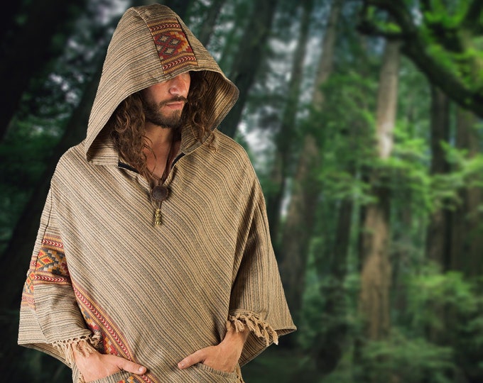 Mens Brown Hooded Poncho, Cashmere Wool, Handmade Festival Boho Primitive Gypsy, One Size Two Pockets, Celtic Embroidery, Mexican, AJJAYA