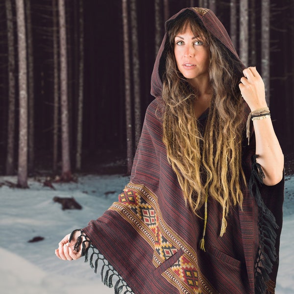 JHANA Womens Red Crimson Poncho Large Hood Tribal Embroidery Celtic Patterns Alternative Festival Primitive AJJAYA