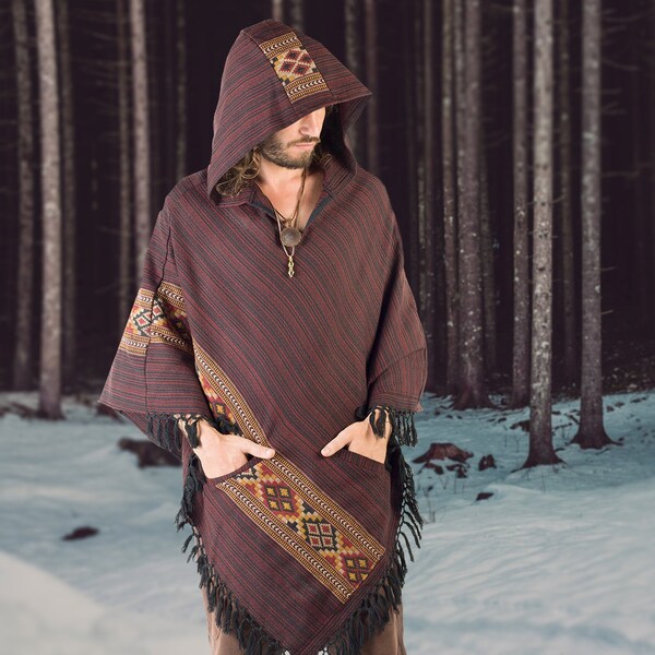JHANA Womens Red Crimson Poncho Large Hood Tribal Embroidery Celtic Patterns Alternative Festival Primitive AJJAYA main image 1