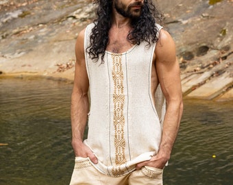 KAZA Débardeur beige pour homme sans manches Yoga Coupe profonde Respirant Semi-transparent Coton Motif tribal Imprimé Festival Cérémonie AJJAYA