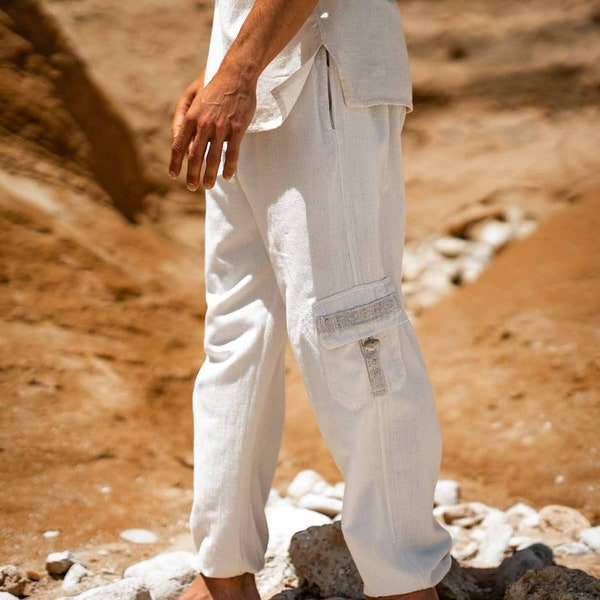 OKKO Pantalon homme beige en chanvre et coton bio, fait main, quatre poches, respectueux de l'environnement, durable, confortable, terreux, yoga tsigane bohème AJJAYA