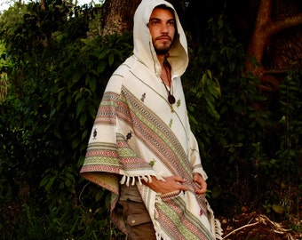 HODDI White Hooded Poncho with Hood Cashmere and Acrylic Wool Earthy Tribal Pattern Festival AJJAYA Mens Wear Boho Primitive Mexican pockets